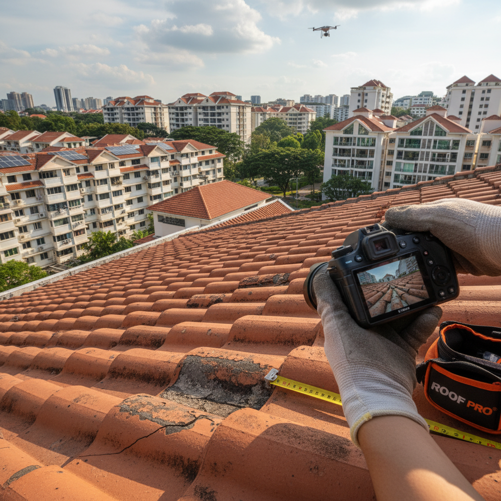 a professional roofing contractor on a roof, carefully inspecting tiles for cracks and granule loss, with Singaporean re - roof repair vs replacement Singapore