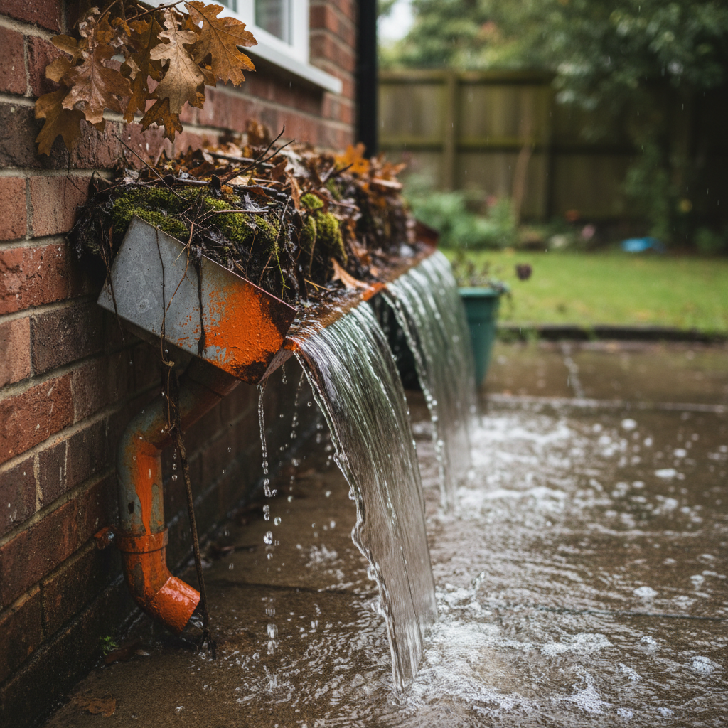 A clogged rain gutter overflowing with water and leaves, demonstrating poor drainage - roof defects Singapore