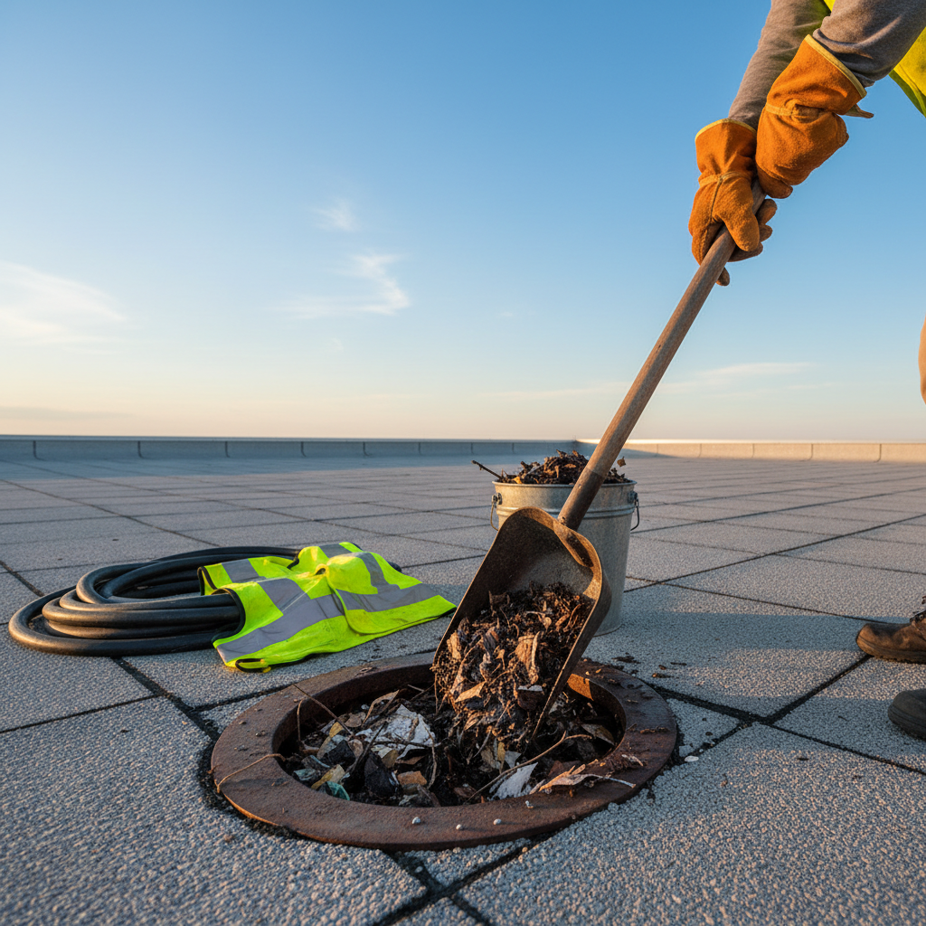 a rooftop maintenance worker in a yellow safety vest carefully clearing debris from a storm drain on a large, flat comme - roof waterproofing Singapore