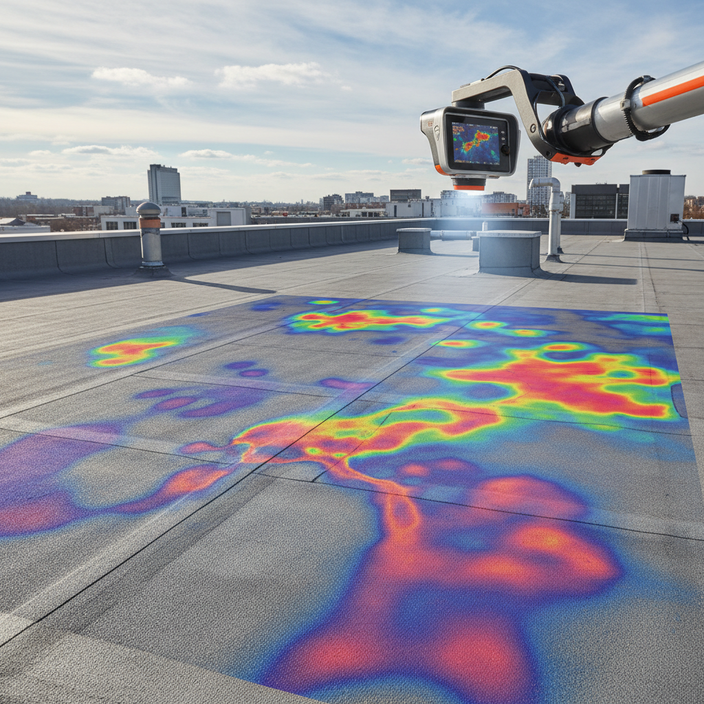 A high-tech infrared camera scanning a roof surface, showing a thermal gradient that indicates hidden moisture beneath t - advanced waterproofing Singapore