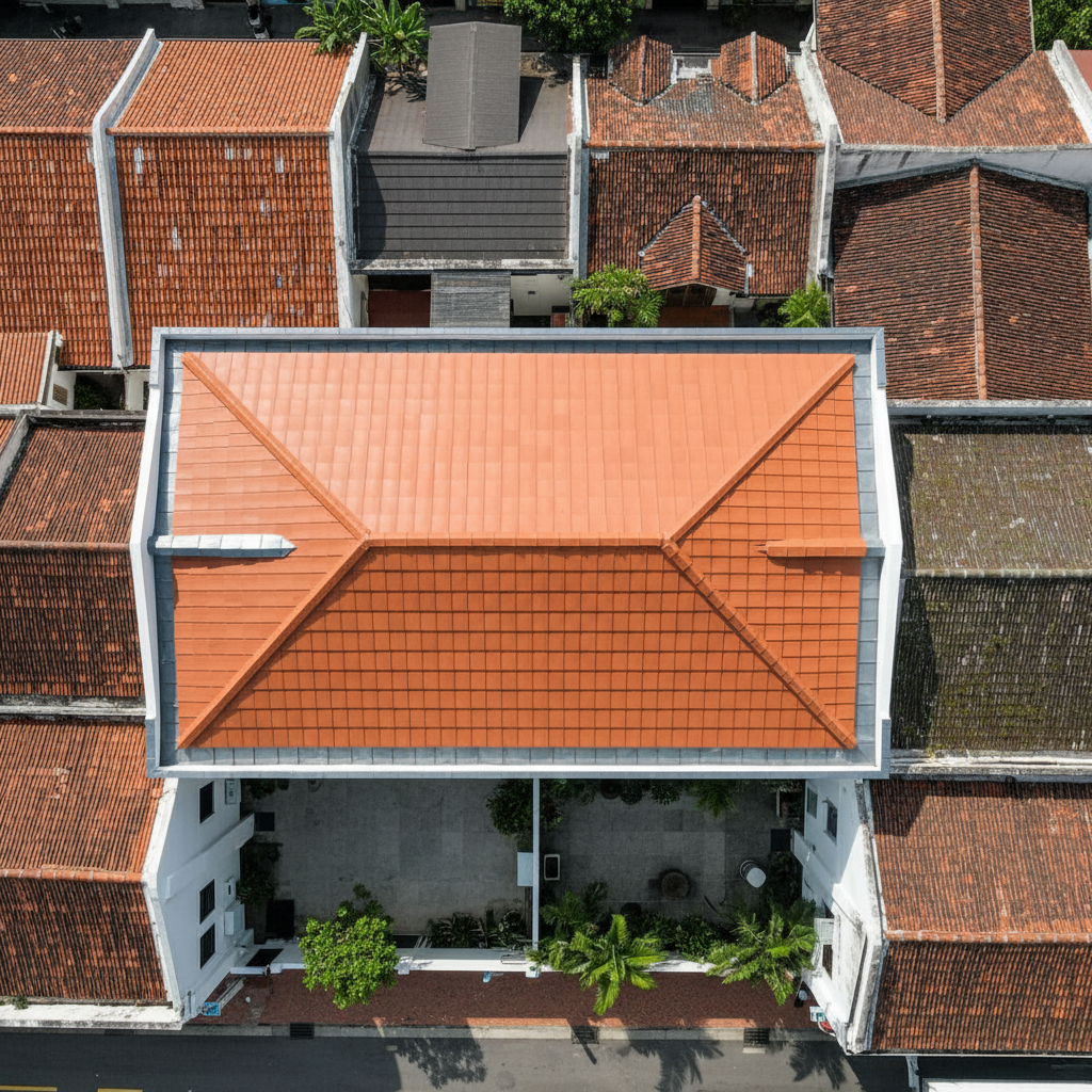 a drone shot looking down on a newly installed, pristine roof on a modern conservation shophouse in Singapore, contrasti - roof replacement costs Singapore