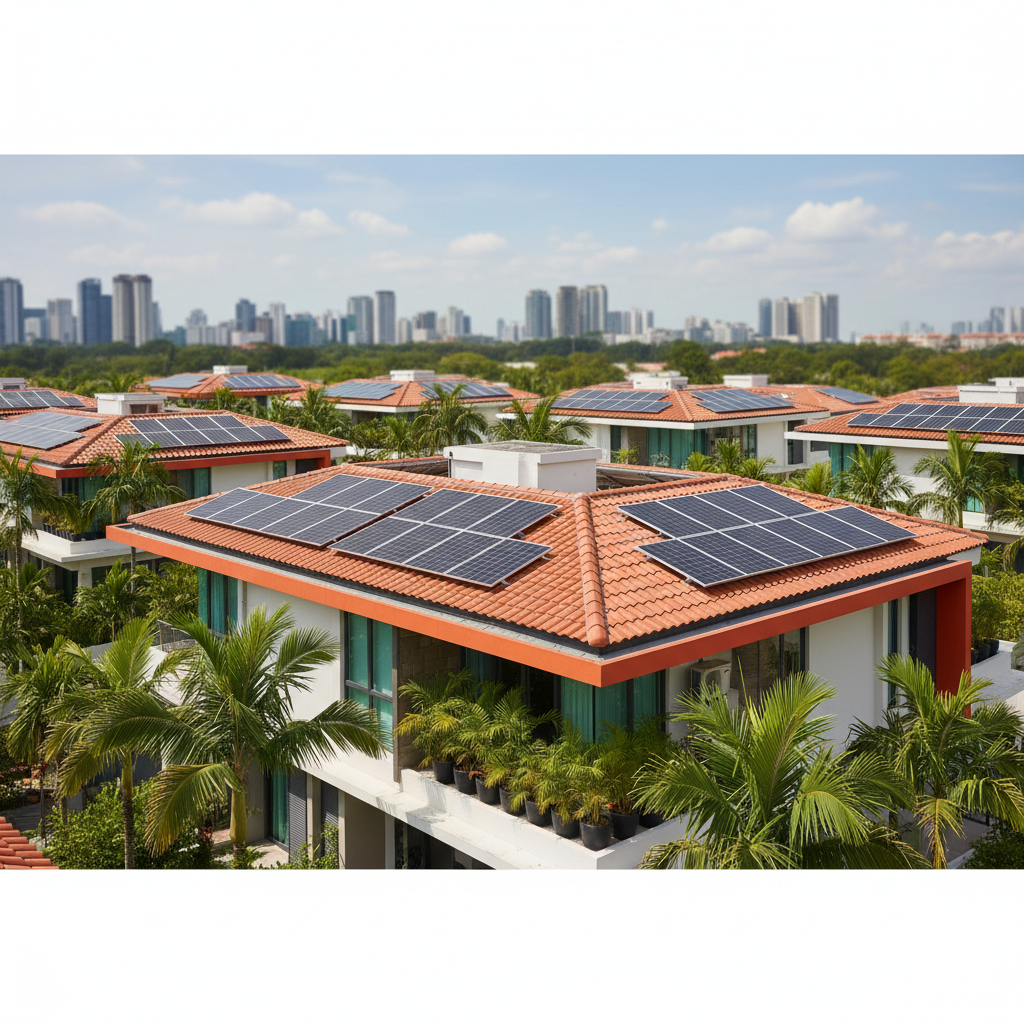 a residential rooftop in Singapore with solar panels, seen from a slightly elevated angle during daylight, no people vis - roof inspection checklist Singapore