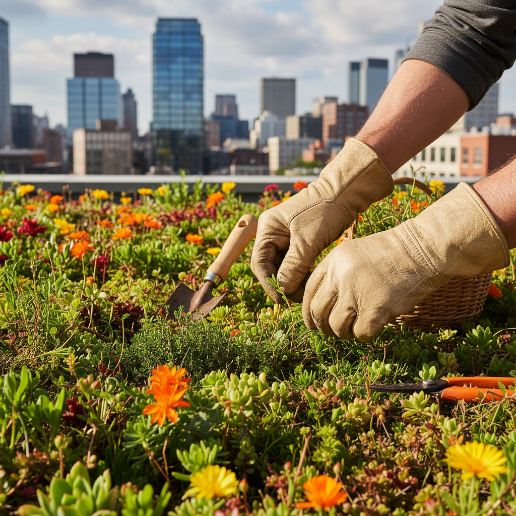 a close-up of a gardener tending to a green roof, carefully inspecting plants and removing weeds, with vibrant flora in - green roof Singapore