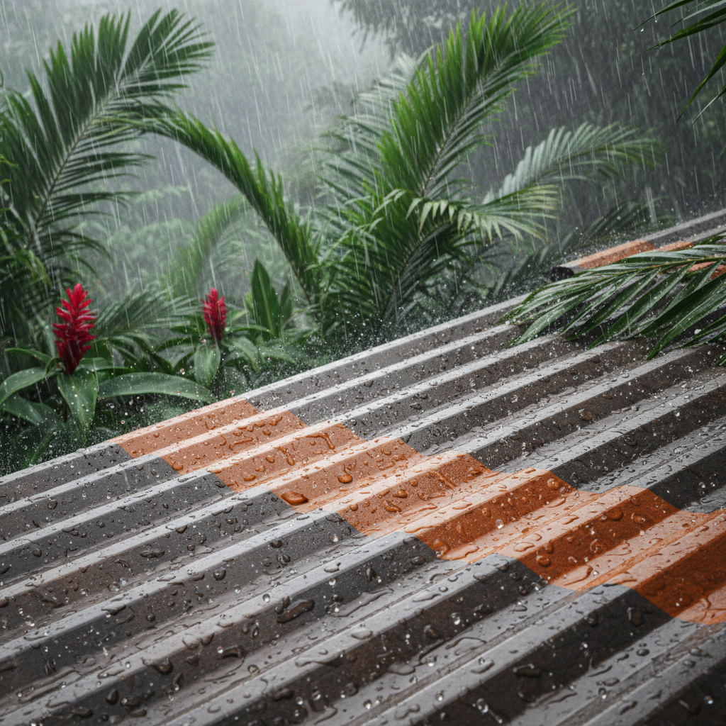 a close-up of a metal roof panel showing water beading off its surface during a rain shower in a tropical setting - metal roofing Singapore