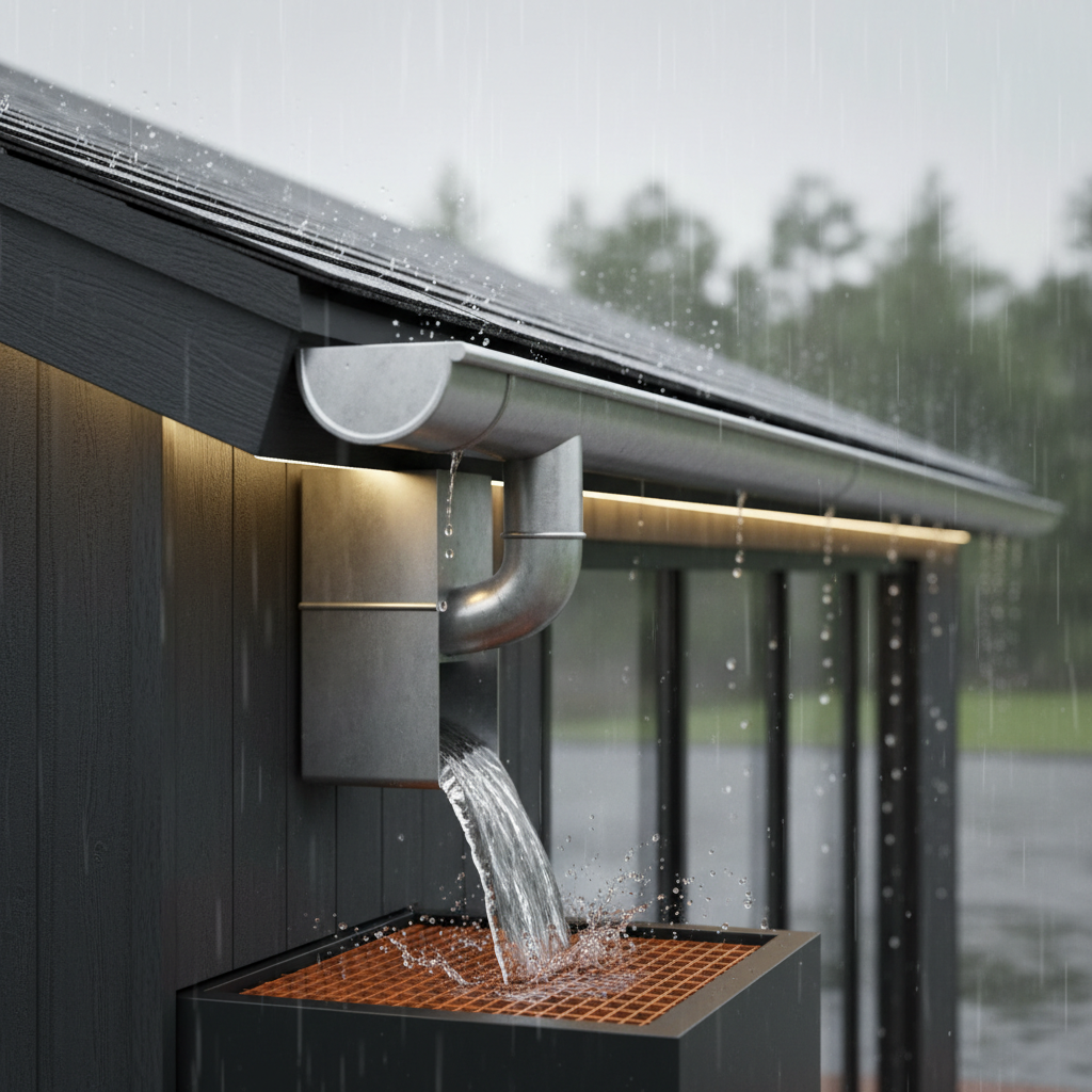 a close-up cross-section of a roof edge showing a well-designed gutter and downspout system effectively channeling heavy - roof pitch Singapore