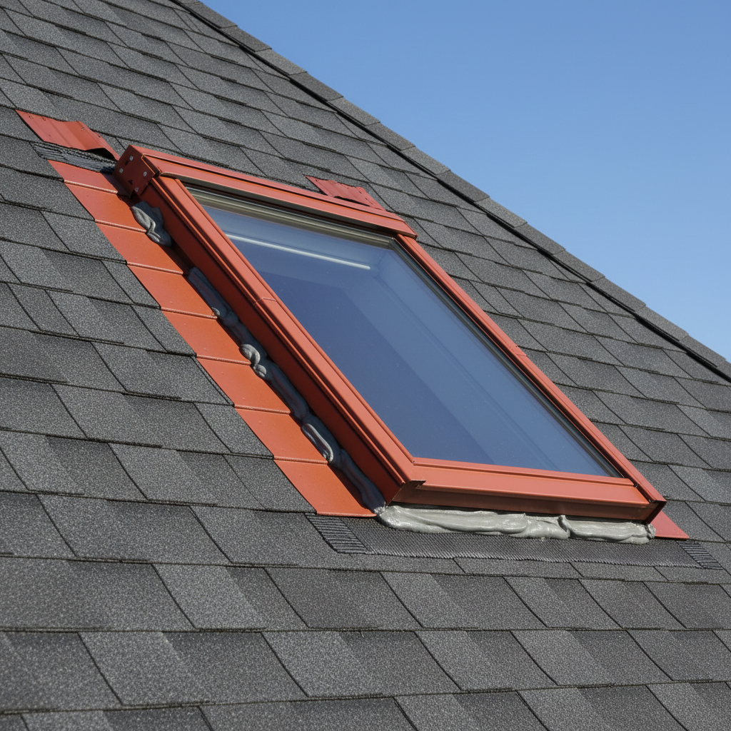 a detailed close-up of a skylight flashing system on a sloped roof, showing overlapping metal components and sealants, c - skylight installation Singapore