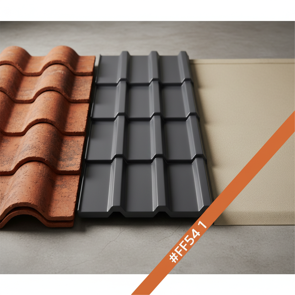 a close-up, detailed shot of various roofing material samples side-by-side, including red clay tiles, dark grey metal ro - cost of roof replacement Singapore