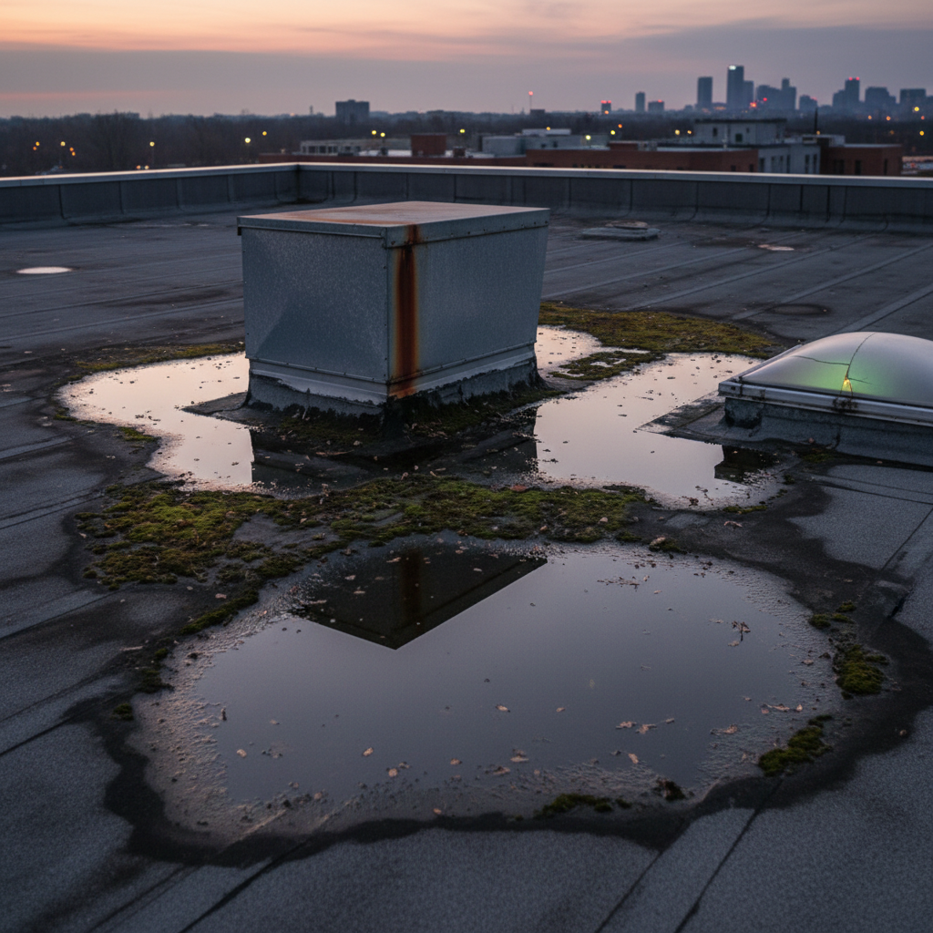a commercial rooftop showing clear signs of ponding water near a vent, with some moss growth visible on the membrane. Th - commercial roof maintenance Singapore
