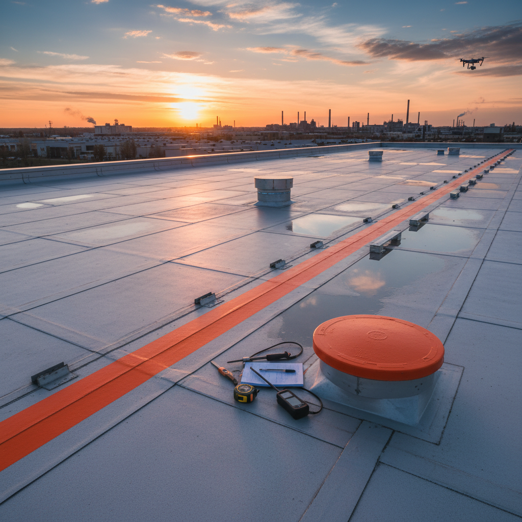 a commercial roofing technician performing a detailed inspection on a large industrial roof, checking seams and drainage - commercial roofing Singapore