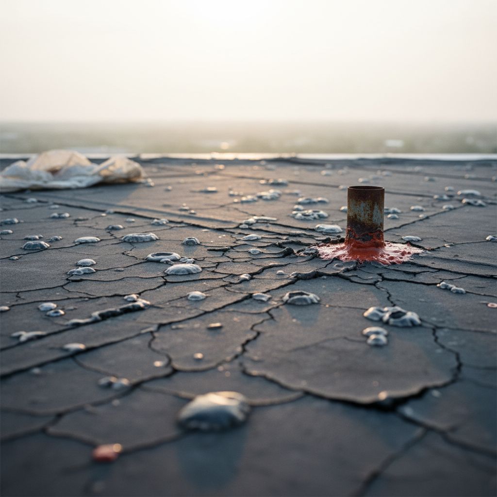 a close-up of a damaged flat roof showing visible cracks and small blisters on the waterproofing membrane, under a hazy - flat roof waterproofing Singapore