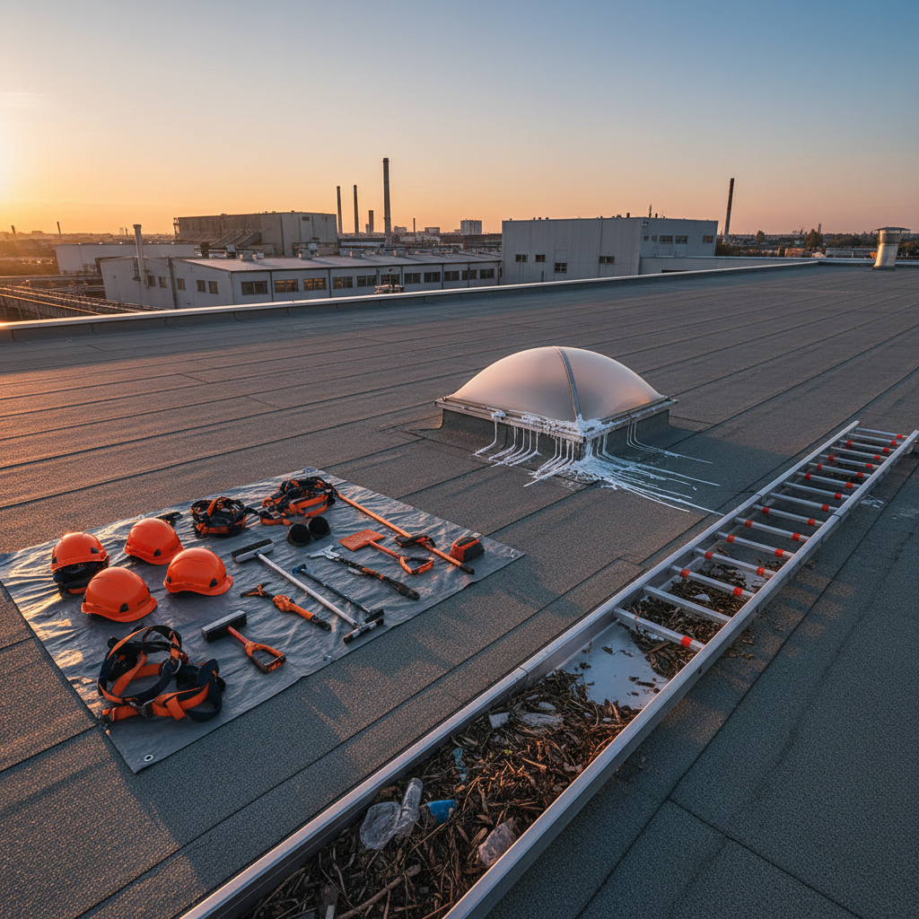 a team of professional roofing technicians in safety gear performing maintenance on a large, flat industrial roof, clear - industrial roofing Singapore