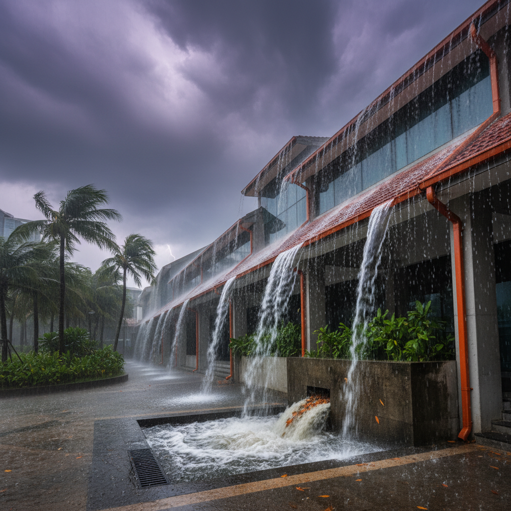a tropical thunderstorm with heavy rain hitting a building roof in Singapore, emphasizing water runoff. - roof pitch Singapore