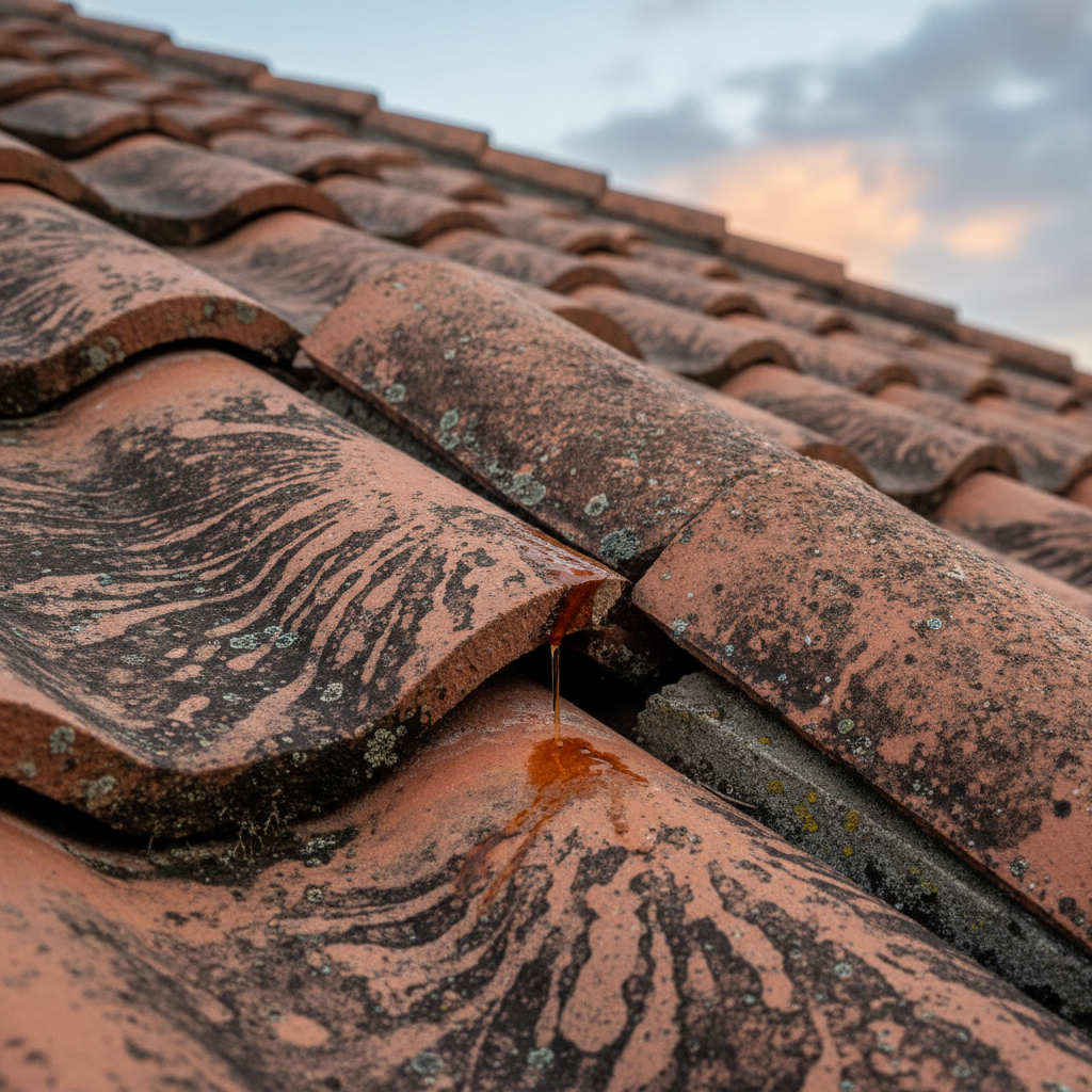 a close-up of a broken roof tile with water stains around it, indicating a point of water entry - roof defects Singapore