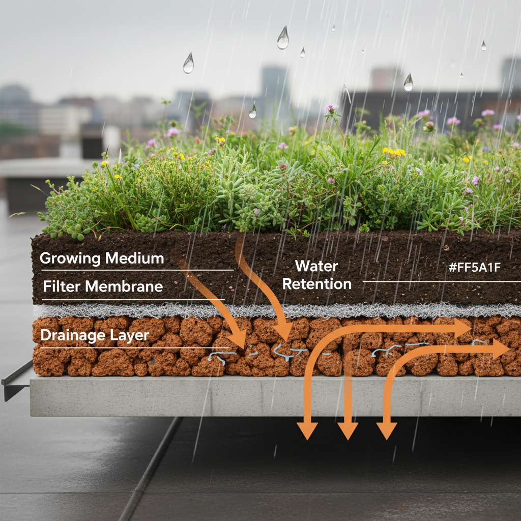a diagram illustrating the layers of a green roof system, showing the drainage layer, filter membrane, growing medium, a - green roof Singapore