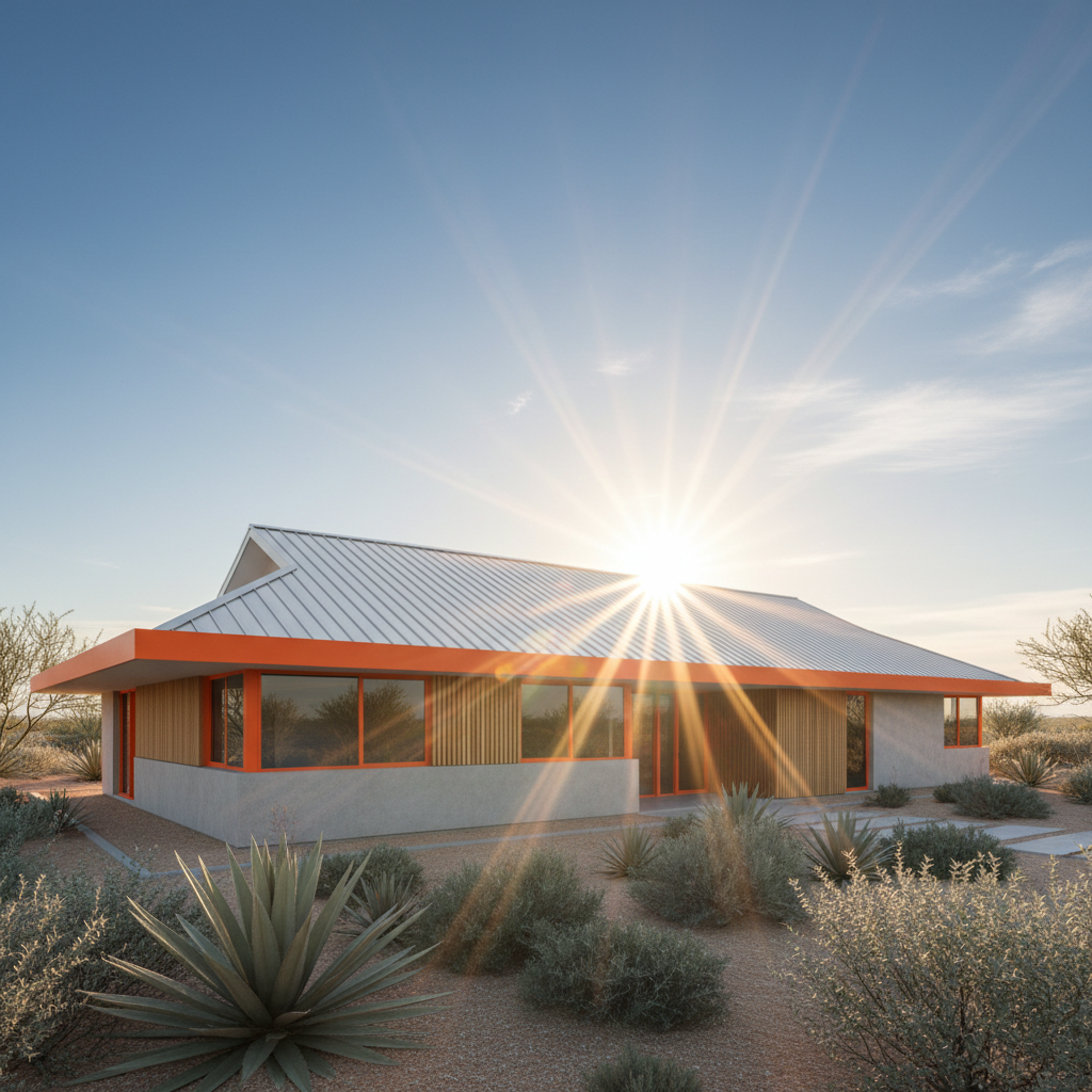 digital rendering of a home with a light-coloured metal roof deflecting sun rays, illustrating thermal reflection - metal roofing Singapore