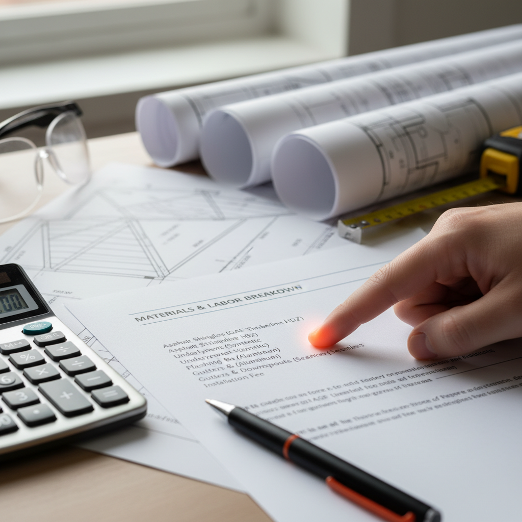 a close-up of a hand pointing to an itemized section of a roofing contract, with a pen, calculator, and building bluepri - roof replacement costs Singapore