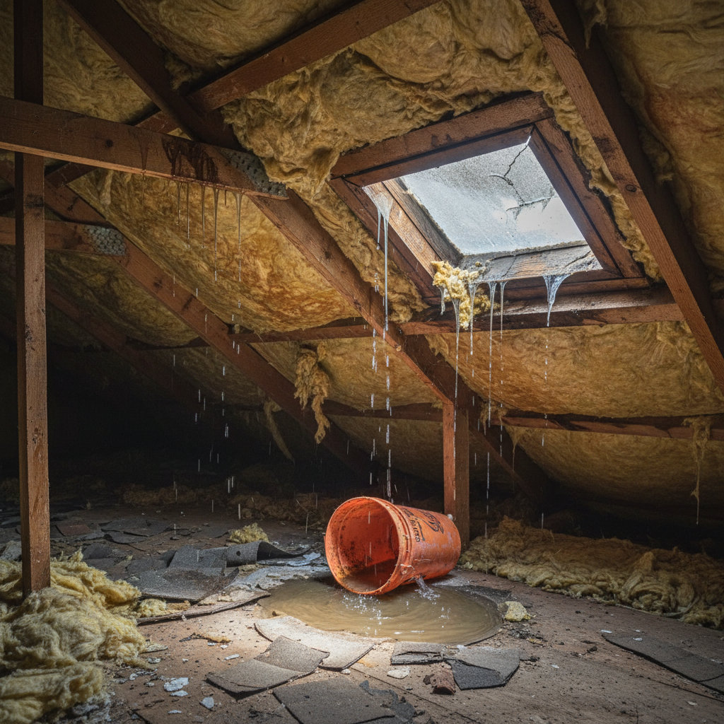 an attic space with visible water streaks on the wooden rafters and insulation, highlighting internal damage from a roof - roofing inspections Singapore