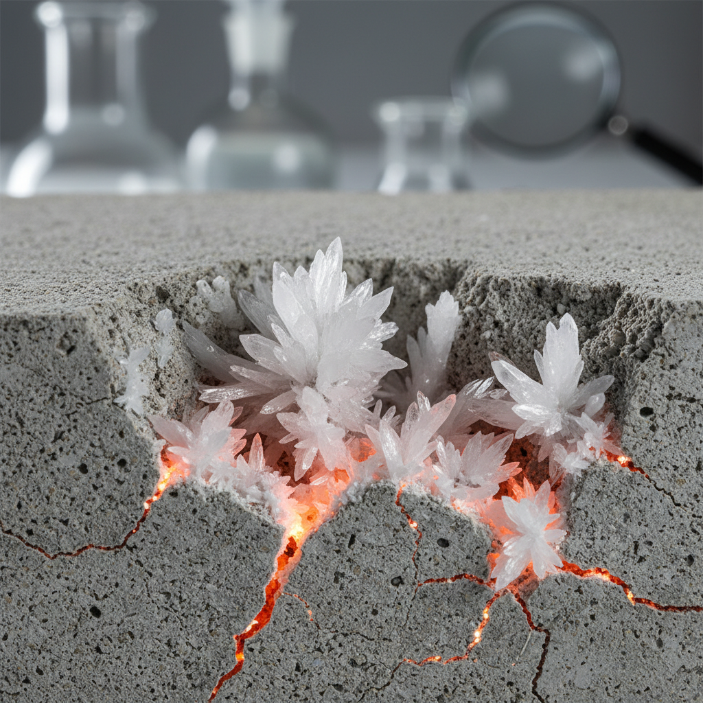 a close-up of crystal formations within a concrete sample, illustrating the effect of crystalline waterproofing technolo - waterproofing solutions Singapore