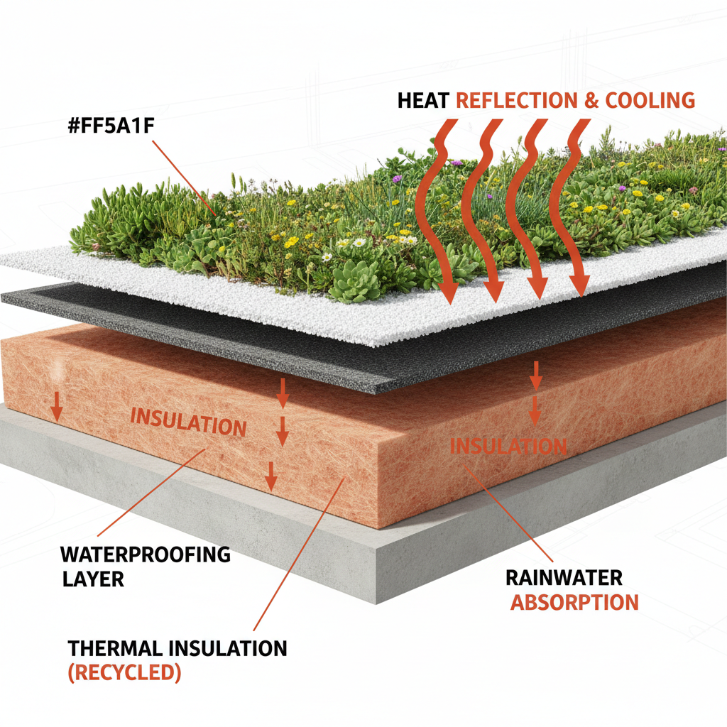 a cross-section diagram showing the layers of an eco-friendly roof, illustrating insulation, waterproofing, and a top la - eco-friendly roofing Singapore