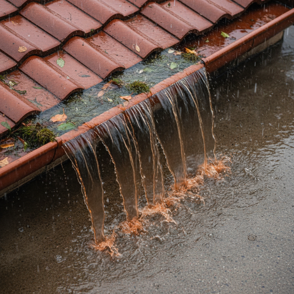 a close-up overhead view of a section of a roof gutter overflowing with water during heavy rain, with water spilling ont - roof gutter Singapore