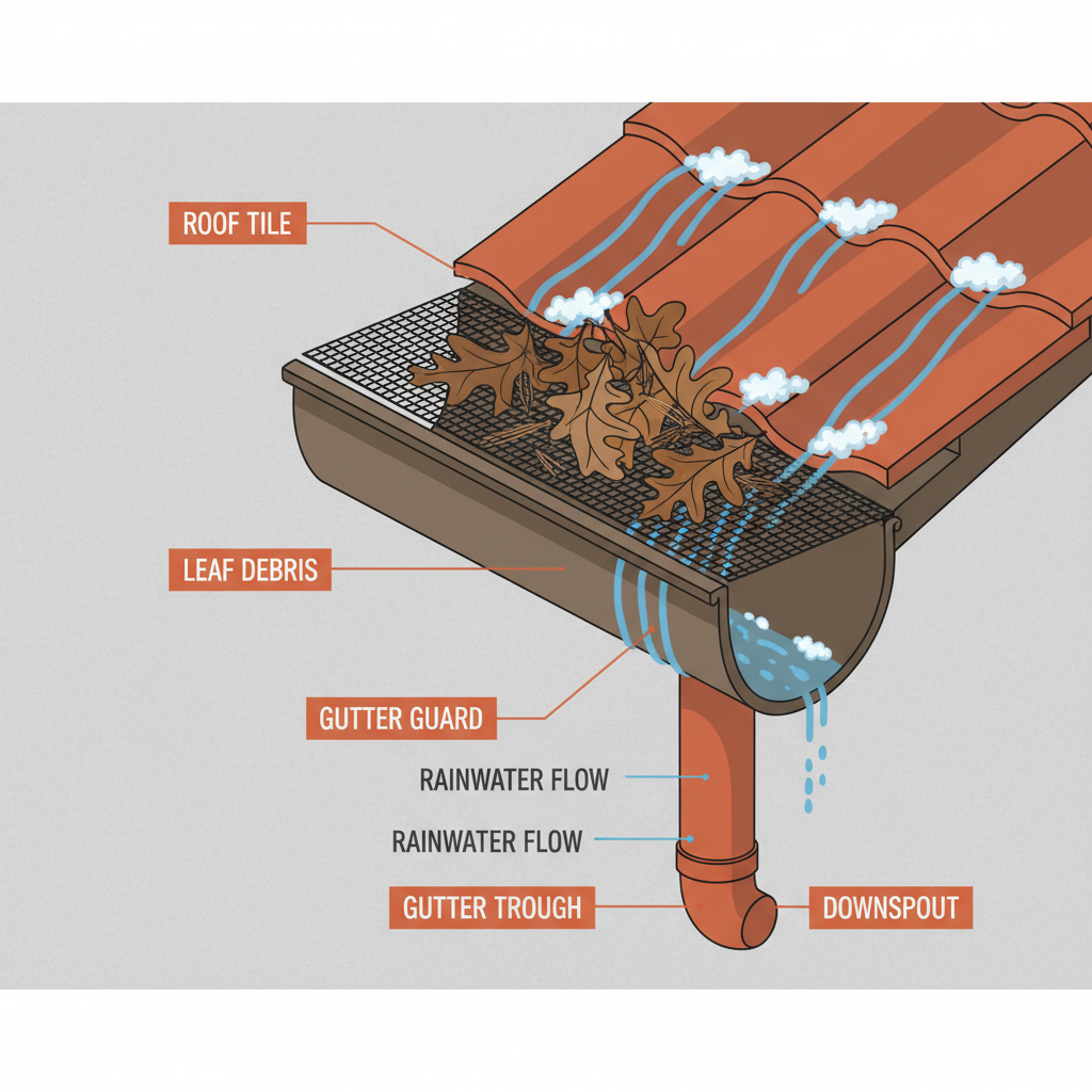 a detailed cross-section diagram showing how a gutter guard sits on top of a gutter, letting water pass through while de - roof gutter Singapore