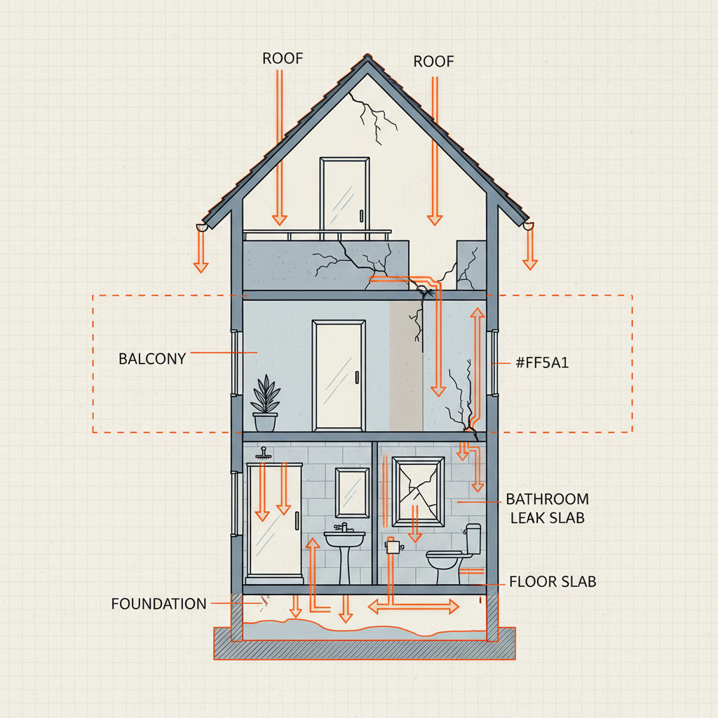 a schematic diagram illustrating water penetration points in a typical residential building, highlighting roof, balcony, - waterproofing solutions Singapore