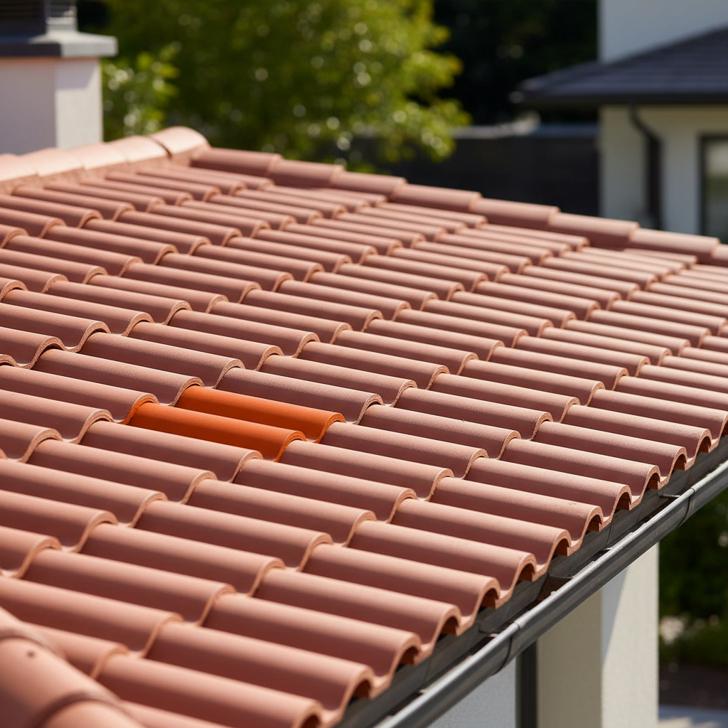 A detailed close-up of new, well-installed roofing tiles or metal sheets, showcasing pristine condition and proper overl - re-roofing vs roof repair Singapore
