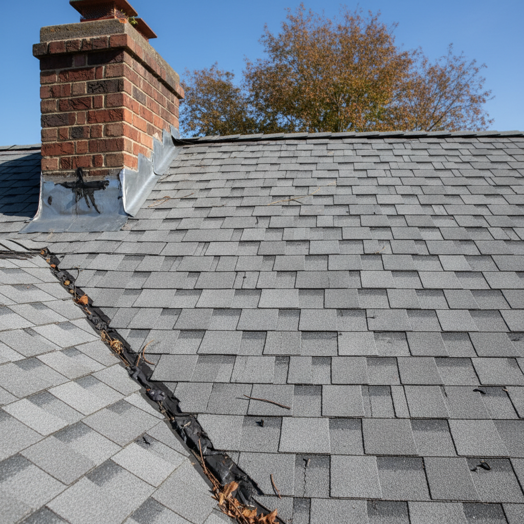 a roof section showing clearly visible errors in shingle alignment and improperly sealed flashing - roof defects Singapore