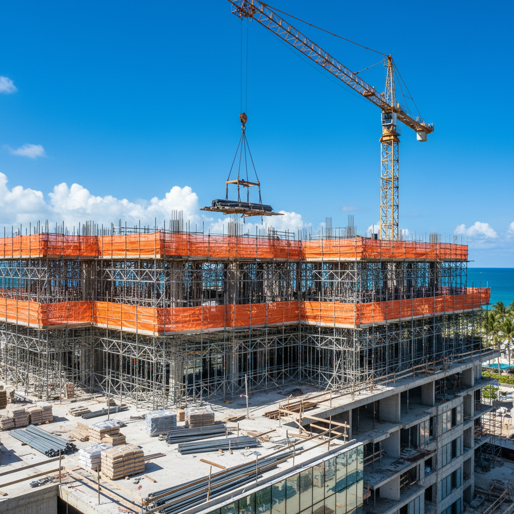 a complex construction site showing scaffolding around a multi-story building