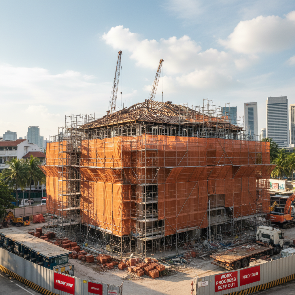 a construction site in Singapore with scaffolding surrounding a multi-story residential building undergoing roof replace - roof replacement costs Singapore