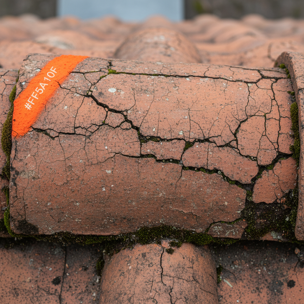 a close-up texture photograph of an old, weathered roof tile showing cracks and some moss growth, taken from above, no a - roof inspection checklist Singapore