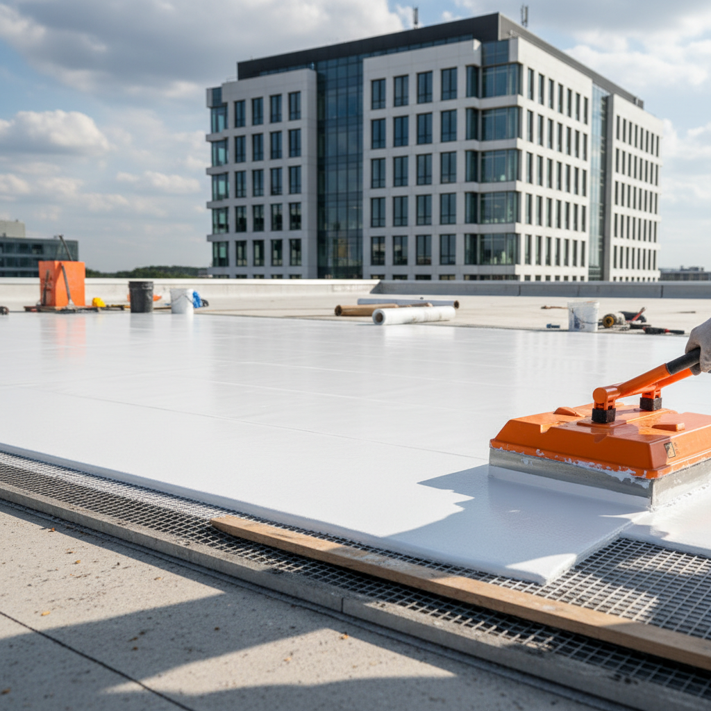 a construction site worker carefully installing a cool roof membrane, showing meticulous attention to detail and waterpr - eco-friendly roofing Singapore