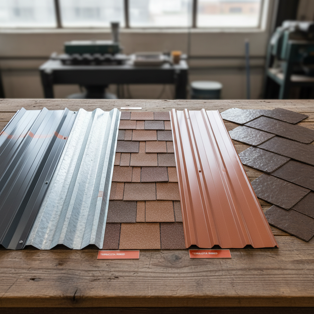 a selection of different metal roofing material samples and profiles laid out side-by-side, such as standing seam, corru - metal roofing Singapore