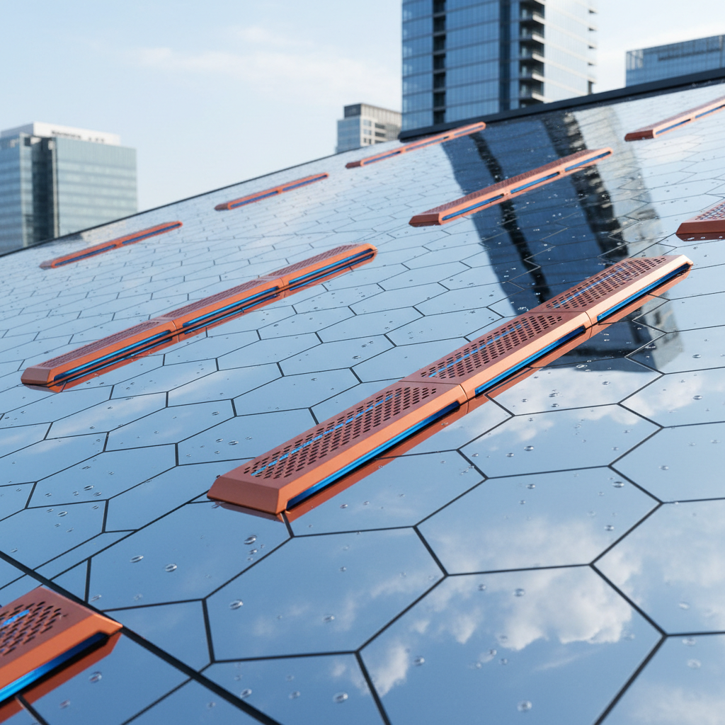 a close-up of a high-tech commercial roofing material showing its reflective surface and integrated ventilation system, - commercial roofing Singapore