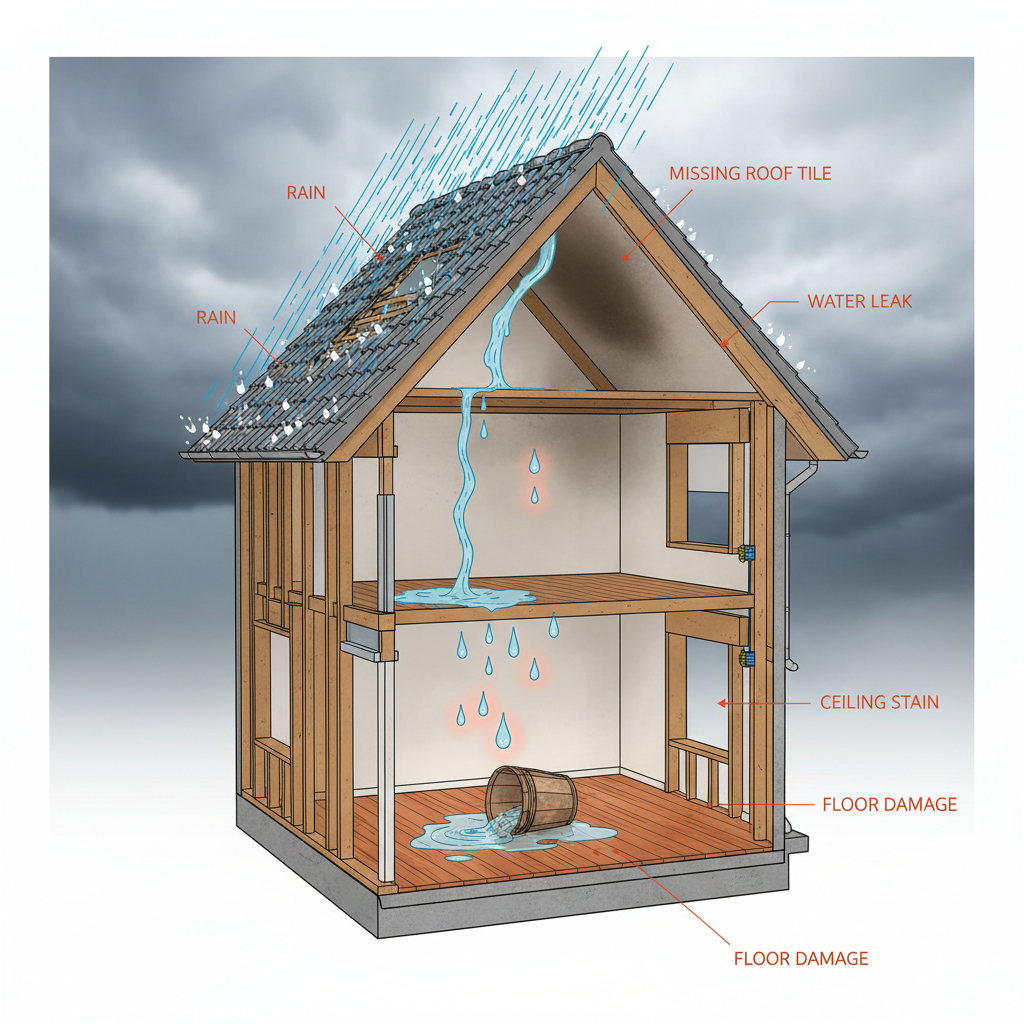 a detailed cross-section diagram of a house showing rainfall, a roof with a missing tile, and water dripping from the ce - roof repair Singapore