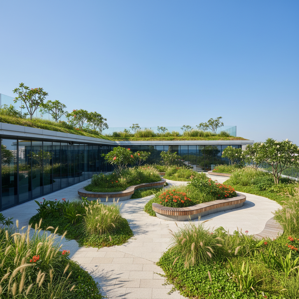 a beautiful green roof on a commercial building in Singapore, featuring diverse plant life, paths, and integrated seatin - eco-friendly roofing Singapore
