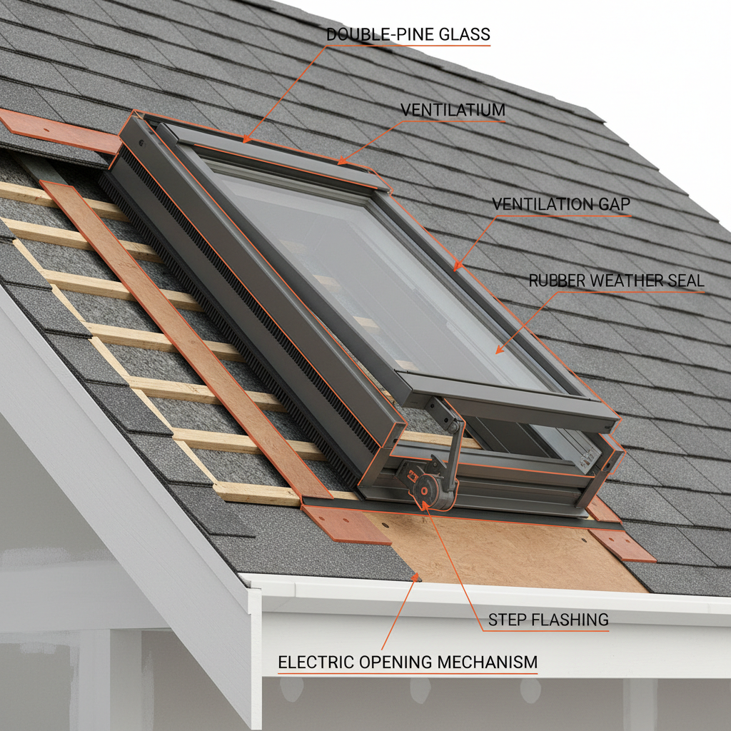 a cross-section diagram showing a vented skylight integrated into a roof, highlighting its opening mechanism and sealing - skylight installation Singapore