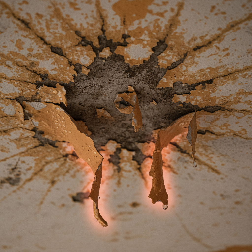 a close-up of a damp ceiling with visible dark water stains and peeling paint, indicating a significant roof leak. - roof waterproofing Singapore