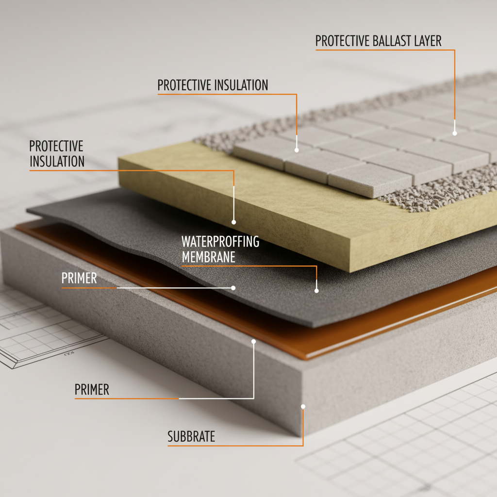 a diagram illustrating a cross-section of a multi-layered roof showing different components of a waterproofing system, i - roof waterproofing Singapore