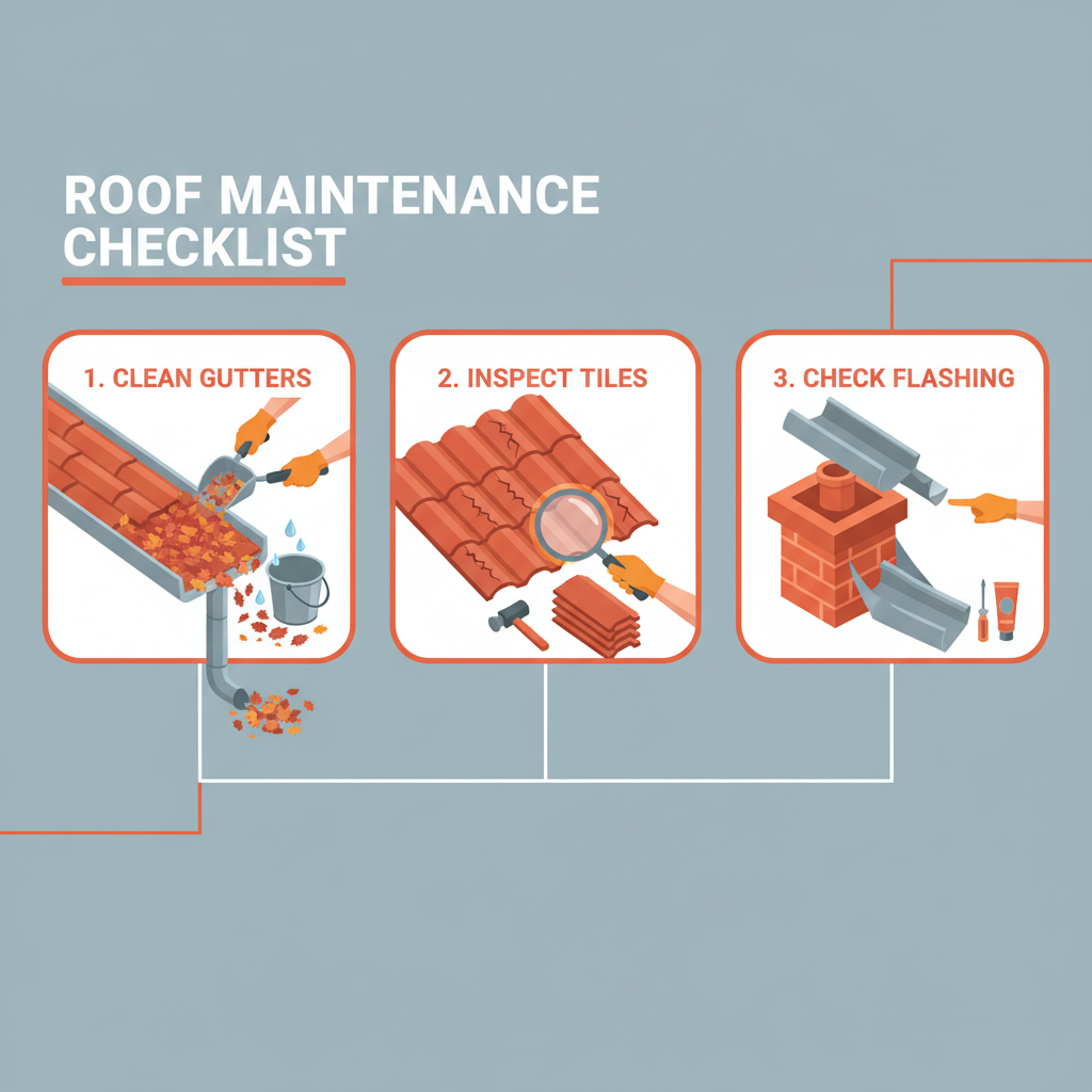a neat infographic illustration detailing steps of a roof maintenance checklist, including cleaning gutters, inspecting - roof maintenance Singapore