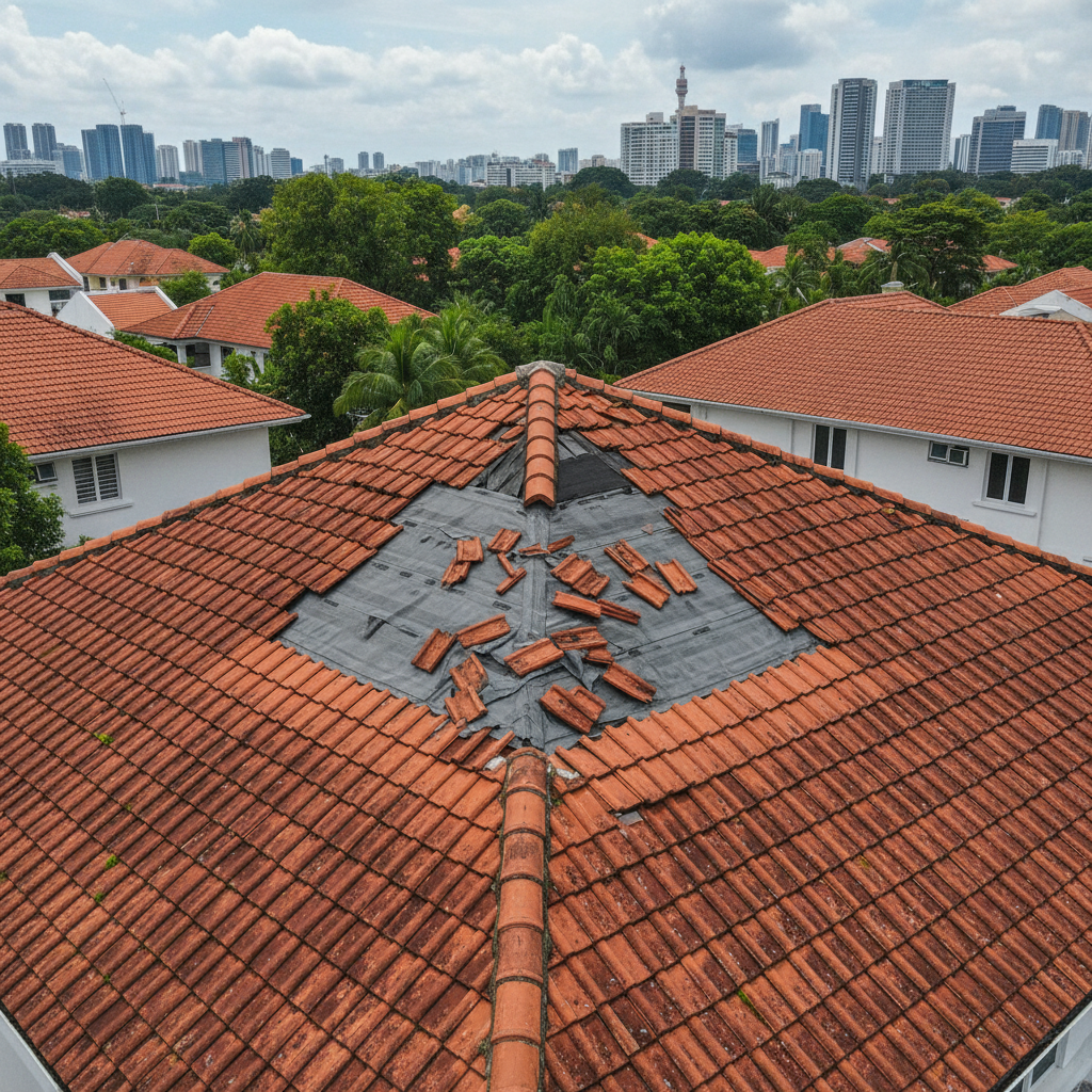 an aerial view of a residential roof in Singapore with several dislodged and cracked terracotta tiles visible, exposing - roof leak problems Singapore