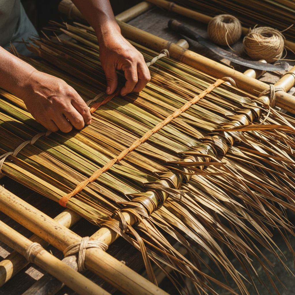 a close-up of skilled hands meticulously weaving and layering nipa palm fronds onto a bamboo framework, demonstrating th - attap roof Singapore