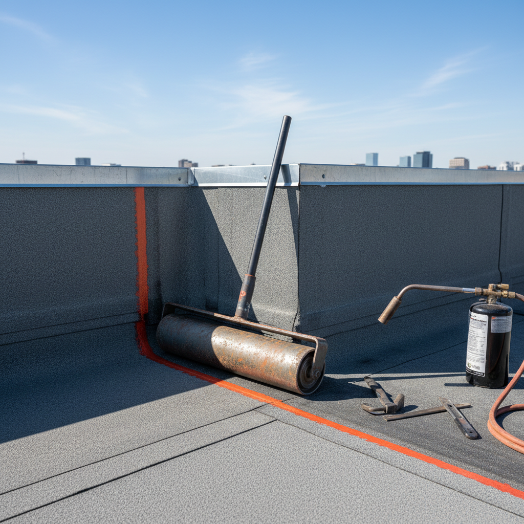 a precise application of a roll-on roofing membrane at a corner detail of a flat roof, showing a worker ensuring proper - flat roof waterproofing Singapore