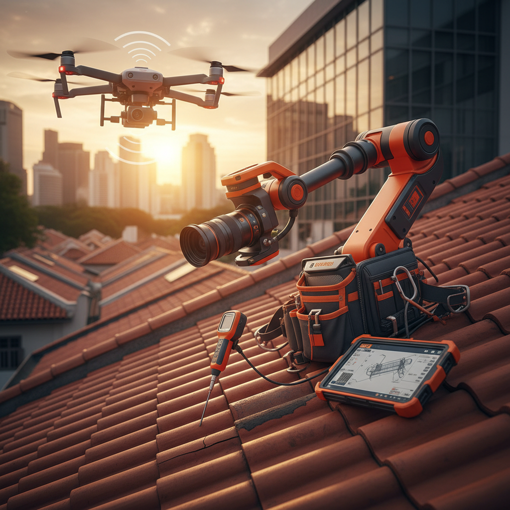 A professional roofing contractor in Singapore, wearing safety gear, examining a roof with specialized equipment, convey - re-roofing vs roof repair Singapore