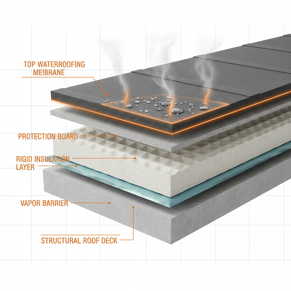 a digital schematic depicting layers of a flat roof assembly, clearly labeling different waterproofing components like i - roof waterproofing cost Singapore