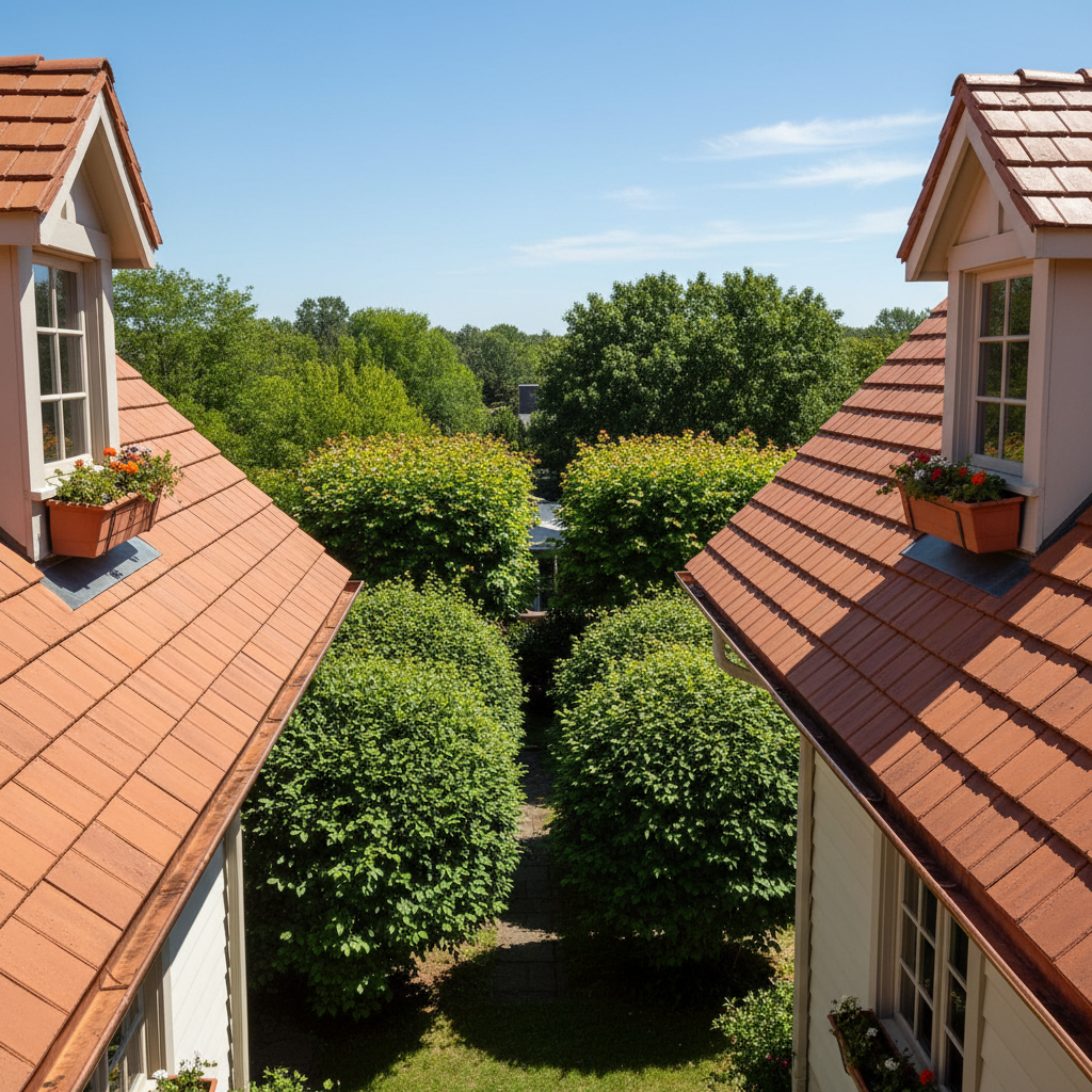 a high-angle shot of a residential rooftop with clearly cleaned gutters, neatly trimmed trees, and a roof surface free o - roof repair Singapore