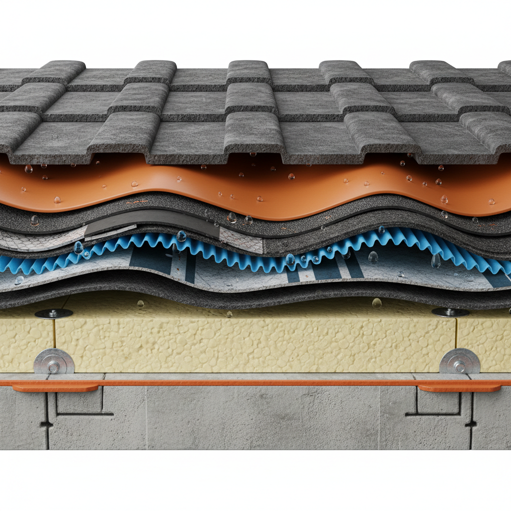 a detailed cross-section of a multi-layered, advanced roofing system demonstrating different waterproofing components in - advanced waterproofing Singapore
