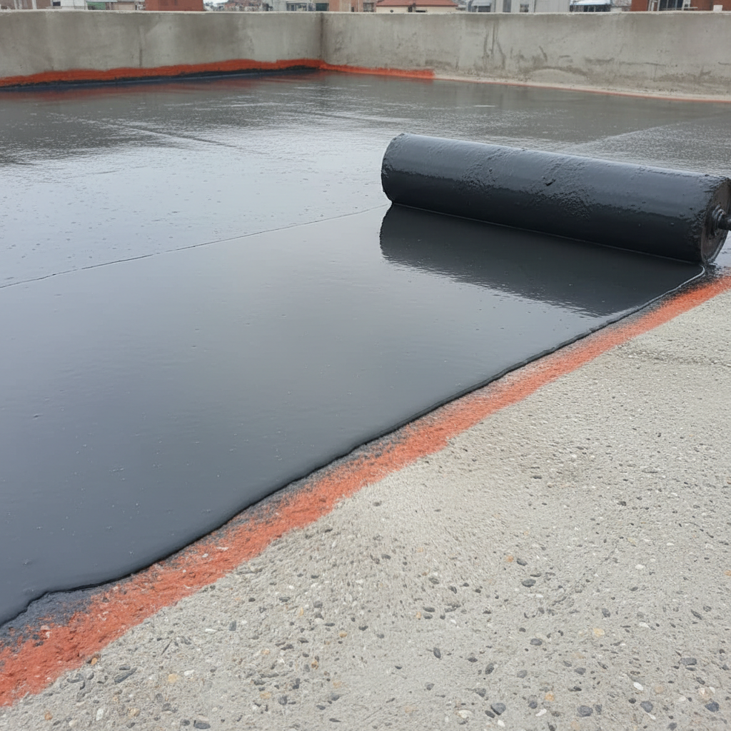 a smooth, dark grey, seamless polyurethane waterproofing layer being applied with a roller on a concrete roof surface, s - advanced waterproofing Singapore
