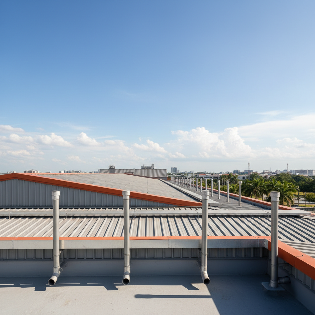 a sturdy, industrial-style roof with clear, well-maintained drainage systems and no visible debris, under a bright Singa - roof maintenance Singapore