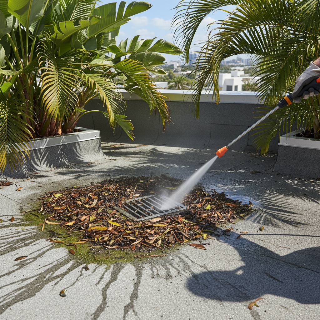 a close-up of a commercial flat roof being cleaned, showing a worker (without revealing their face) removing organic deb - commercial roof maintenance Singapore